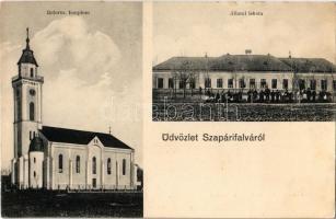 Szapáryfalva, Szapárifalva, Tipari; Református templom, állami iskola. Schlänger Károly és Tsa cég kiadása / Calvinist church, school