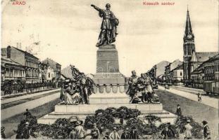 1913 Arad, Kossuth szobor, Evangélikus templom. Kiadja Kerpel Izsó / statue, Lutheran church (EK)