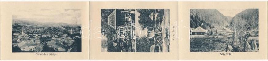 Abrudbánya, Abrud; látkép. leporellólap, belül: Ferenc József tér, Római katolikus templom belseje, ...