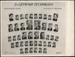 cca 1954 Budapest, 2. sz. Gépipari Technikum tanárai és végzős növendékei, kistabló nevesített portrékkal, hátoldalán aláírsok, hajtásnyom középen és a szélén, 18x24 cm