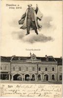 Igló, Zipser Neudorf, Spisská Nová Ves; Takarékpénztár, Loja Gusztáv üzlete. Röptében a világ körül montázs repülő úrral. Ferencz D. kiadása / savings bank, shops. Montage with flying man