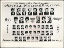 1963 Budapest, az Apáczai Csere János Gimnázium tanárai és végzős növendékei, kistabló nevesített portrékkal, 18x24 cm
