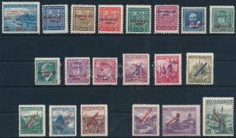 1939 20 klf felülnyomott érték, ebből 3 db nagy érték vizsgálójellel / 20 different stamps with overprint, 3 stamps with signed