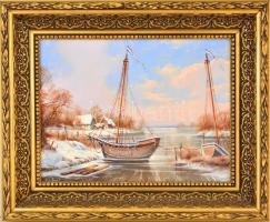 Radnai József (1958-): Befagyott folyó. Olaj, farost, jelzett, 30×40 cm