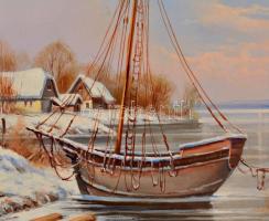 Radnai József (1958-): Befagyott folyó. Olaj, farost, jelzett, 30×40 cm