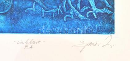 Egresi Zsuzsa (1954-): Erdei átkelő. Színes cinkkarc, papír, jelzett, üvegezett keretben, 31×19 cm