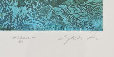 Egresi Zsuzsa (1954-): Lepkék lovagja. Színes rézkarc, papír, jelzett, üvegezett keretben, 29×19 cm