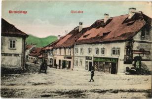 Körmöcbánya, Kremnitz, Kremnica; Alsó utca, Holzmann Gyula és Langer Mór üzlete / street view with shops