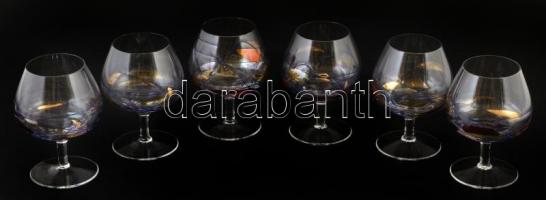 Dekoratív iparművész üveg pohárkészlet, 6 db, apró kopásokkal, m: 14 cm