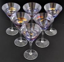 Dekoratív iparművész üveg pohárkészlet, 6 db, apró kopásokkal, m: 16,5 cm