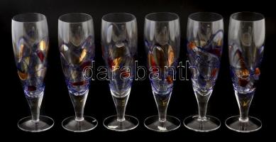 Dekoratív iparművész üveg pohárkészlet, 6 db, apró kopásokkal, m: 19,5 cm