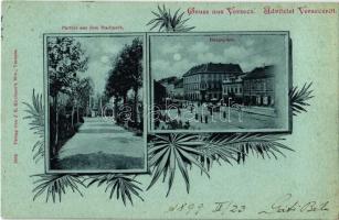 1899 (Vorläufer!) Versec, Werschetz, Vrsac; Városliget, Fő tér, este, üzletek. J. E. Kirchner / Stadtpark, hauptplatz / park and main square, shops, night. Art Nouveau, floral