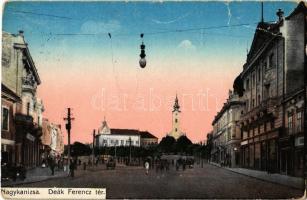 1916 Nagykanizsa, Deák Ferenc tér, üzletek, templom. Kiadja Hirschler 224/6. (szakadás / tear)