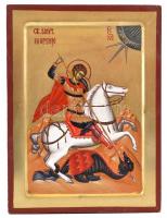 Sárkányölő Szent György modern ikon, tojás tempera, fatábla, 20×15 cm