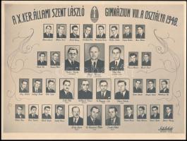 1948 Budapest, Kőbánya, a X. ker. Állami Szent László Gimnázium tanárai és végzős növendékei, kistabló nevesített portrékkal, 18x24 cm