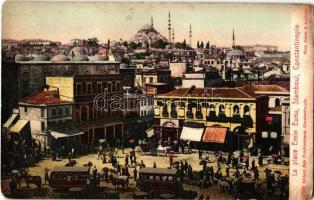 Constantinople, Istanbul, Stamboul; La place Emin Eunu / square, horse-drawn carriages, shops, market (worn corners)