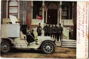 LEtat Major de S.E. le Généralissime Mahmoud Chevket Pacha / Mahmud Shevket Pasha Ottoman general and statesman with his military officers in automobile, flag (worn corners)