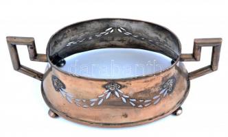 Alpakka jardiniere, üveg betét nélkül, jelzett (hamis Diana fejjel), 31×14 cm, m:11,5 cm