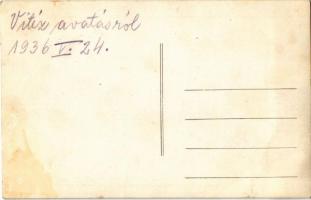 1936 Budapest XIII. Margitsziget, Horthy Miklós, Purgly Magdolna és a főrendek a Vitézavatáson. phot...