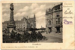 1905 Kecskemét, Kossuth tér, Szentháromság szobor, Gyenes üzlete. Kiadja Schwartz Soma + ORSOVA - BUDAPEST 76. sz. vasúti mozgóposta bélyegző (fl)