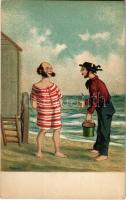 Dombornyomott antiszemita művészlap. Zsidó férfiak a strandon / Jewish men on the beach. Anti-Semitic Judaica art postcard. Emb. litho s: Brand