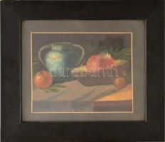 Künstler jelzéssel: Csendélet gyümölcsökkel, olaj, papír, paszpartuban, üvegezett fa keretben, 16×20 cm