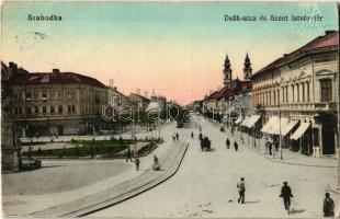 1914 Szabadka, Subotica; Deák utca és Szent István tér, üzletek, villamossín. Kiadja Lipsitz / street view, square, shops, tramway (EB)