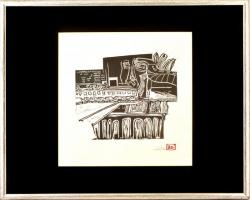 Berger Dalma (1982-): Kompozíció. Fametszet, papír, jelzett, üvegezett keretben, 32×32 cm