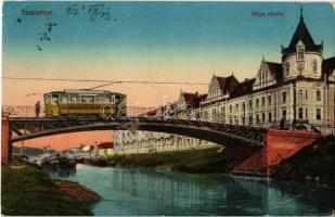 Temesvár, Timisoara; Béga részlet, villamos a hídon, Kávéház, uszályok / Bega river, tram on the bridge, cafe, barges (EK)