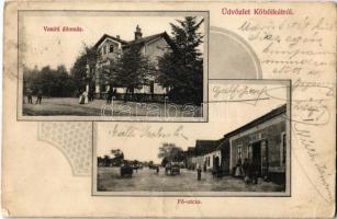 1906 Köbölkút, Gbelce; vasútállomás, Fő utca, Wiesenberg Dávid üzlete és kiadása / railway station, main street, shop (EK)