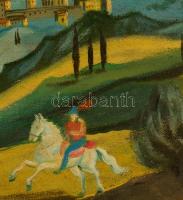 MCP jelzéssel: Vágtató lovas. Olaj, vászon, karcolással, keretben, 35×54 cm