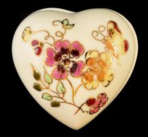 Zsolnay pillangó mintás szíves bonbonier, kézzel festett, jelzett, hibátlan, 6×6 cm
