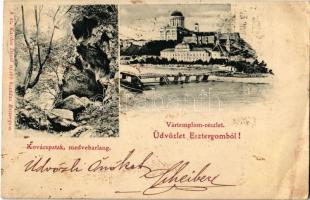 1902 Esztergom, Kovácspataki (Kovacov) medvebarlang, hajóhíd, Vártemplom részlet. Kardos Dezső újabb kiadása  (EK)