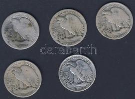 USA 1917-43. 1/2$ Ag (5x) "Walking" mind klf évszámmal! T:3,4