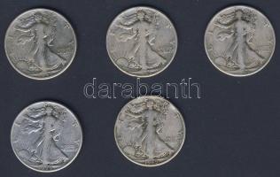 USA 1943-45. 1/2$ Ag (5x) "Walking" 3x klf évszámmal! T:3,3/4+
