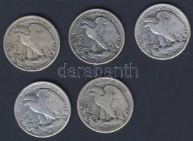 USA 1943-44. 1/2$ Ag (5x) "Walking" 2x klf évszámmal! T:3,3/4+