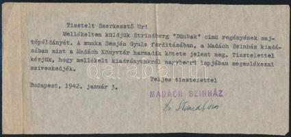 1941 Madách színház 2 db okmány. Pünkösti Andor, dr. Staudt Géza aláírásával