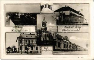 Halmi, Halmeu; Községháza, Református templom, Járásbíróság, Fő utca, Takarékpénztár / town hall Calvinist church, county court, main street, savings bank. Fotó Kósa