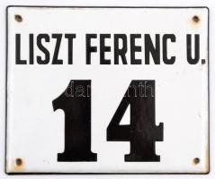 Liszt Ferenc u. 14., zománcozott fémtábla, 15×18 cm