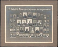 cca 1914 Budapest, I. ker. Főgymnázium tanárai és végzett tanulói, kistabló nevesített portrékkal (több diák már katonai egyenruhában!), Brunhuber műterméből, 22,5x29 cm, karton 29x35,5 cm