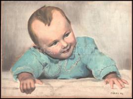 cca 1950 Záray M. jelzéssel kézzel színezett gyermekfotó, kasírozva, 29x39 cm