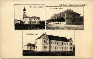 1916 Nagytapolcsány, Topolcany; Római katolikus templom, Járásbíróság, Állami polgári iskola. Platzko Gyula kiadása / church, county court, school