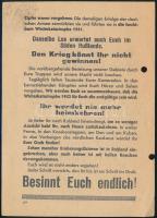 cca 1942 An die deutschen Soldaten im Süden Rußlands!, kétoldalas német nyelvű II. világháborús orosz propaganda röplap, két lyukkal, 19x14 cm.