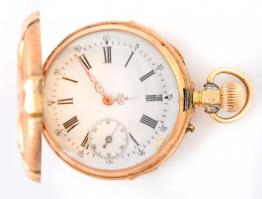 Remontoir 14K arany női zsebóra vésett, díszes tokkal br 25,7 g Működő, jó állapotban