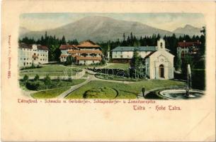 Tátrafüred, Schmecks, Smokovec (Magas-Tátra, Vysoké Tatry); kápolna, szállók / Gerlsdorfer-, Schlagendorfer- u. Lomnitzerspitze / hotels, chapel, mountain peaks (EK)