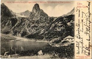 Tátra, Vysoké Tatry; Zöld-tó, Karbunkulus torony, Frigyes menház / Grünersee, Karfunkelturm, Unterkunftshaus / Zelené pleso, Jastrabia veza, Chata pri Zelenom plese / lake, mountain peak, rest house