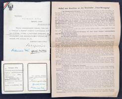 1942-43 A Hűséggel a hazáért magyarországi német szervezet tagsági igazolványa Pirkner Béla repülő főhadnagy, gyárigazgató részére, meghatalmazása és német nyelvű felhívása