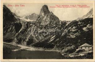 Tátra, Vysoké Tatry; Zöld-tó, Karbunkulus torony, Frigyes menház / Grünersee, Karfunkelturm, Unterkunftshaus / Zelené pleso, Jastrabia veza, Chata pri Zelenom plese / lake, mountain peak, rest house