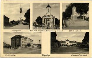 Vágsellye, Schelle, Sala nad Váhom; Országzászló, Római katolikus templom, Szentháromság szobor, Hősök emlékműve, Járási székház, Pázmány Péter kastély. Aigner Lajos kiadása / Hungarian flag, church, Trinity statue, heroes monument, county hall, castle