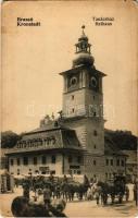 Brassó, Kronstadt, Brasov; Tanácsház, lovaskocsik, piac / Rathaus / town hall, market, horse carts (EK)